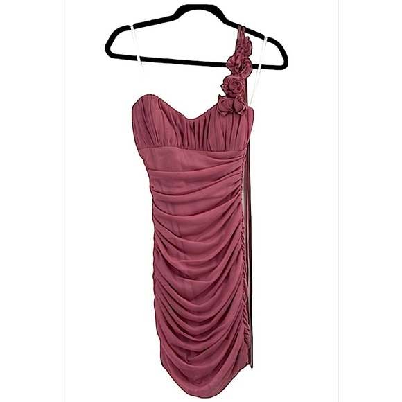 Vintage mauve fairy whimsy mauve pink mini dress size small flowers one strap - Picture 1 of 10